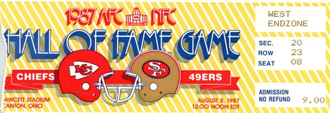 1987 Hall Of Fame Game Ticket Kansas City Chiefs vs San Francisco 49ers 37536 Cover