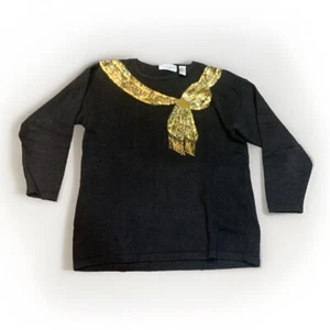 Vintage Borten Marke Damen Schwarz Gold Pailletten Schleife Pullover Oversize Large - Bild 1 von 8