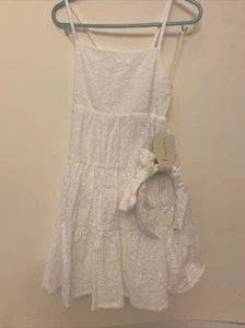 Girls Joie White Eyelet Dress Size 4 Smocked Layer With Matching Headband - Picture 1 of 11