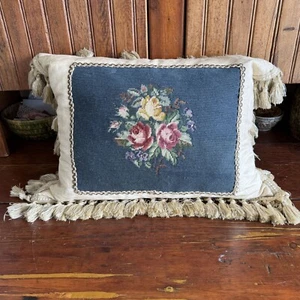 Large Vintage Blue/Cream Floral Needlepoint Pillow Tassels Decorative Accent - Picture 1 of 10