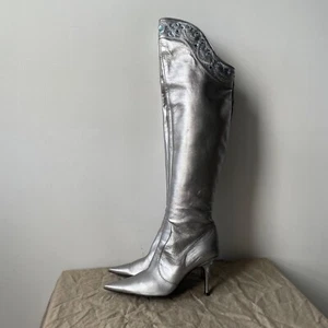 Sergio Rossi Women's Silver Rhinstone Pointed Toe Knee Heel Boots US 8 UK 5.5 - Picture 1 of 11