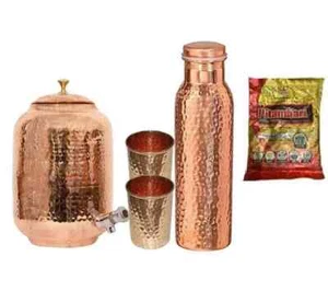 Copper Water Dispenser 5Ltr (Matka) Hammered Container Pot With Bottle & 2 Glass - Picture 1 of 5