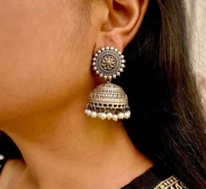 Pendientes de plata Jhumka jhumki con gotas de perlas indios oxidados alemanes - Imagen 1 de 2