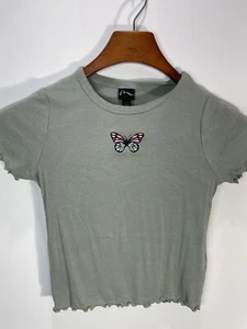 Kids Crop Green Short Sleeve T-shirt With Embroidery Butterfly Size M (7/8) - Picture 1 of 6