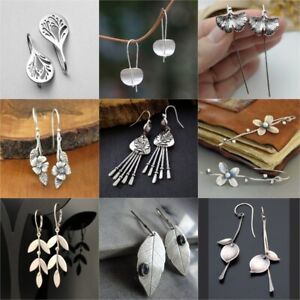 Vintage 925 Silver Leaves Ear Hook Earrings Women Wedding Drop Dangle Jewelry