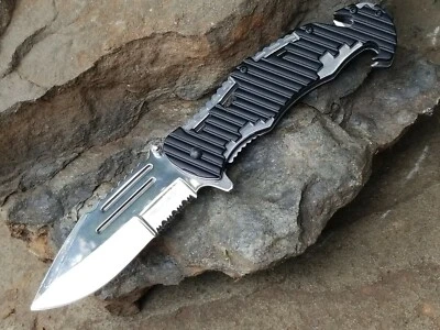 Bottle Opener Pocket Knife Blood Groove Spring Assisted Blade Heavy Duty Jimping - Image 1 of 4