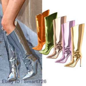 Women's Metallic Mirror Patent Leather High Heel Knee High Boots Zip Up Stiletto - Picture 1 of 50
