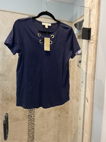 Top donna Michael Kors S blu allacciato oro passante scollo a V manica con volant nuovo con etichette