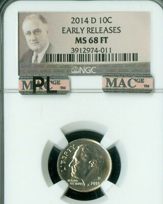 2014 D ROOSEVELT DIME NGC MS68 FT PQ MAC PL ER  FINEST GRADE RARE  . - Image 1 of 4
