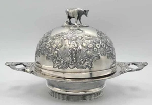 Antique Wilcox Silver Co. Quadruple Silver Plated Meriden Butter Dish Cow Final - Picture 1 of 19