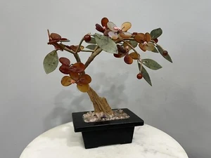 Vtg Chinese Semi Precious Stone Carved Jade Leaf Potted Bonsai Tree Sculpture - Picture 1 of 14