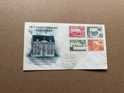 Iceland 1949 FDC +UPU 75th Anniv Set #253-256 +10/09/1949 +Mono-Color Cachet - Image 1 of 2