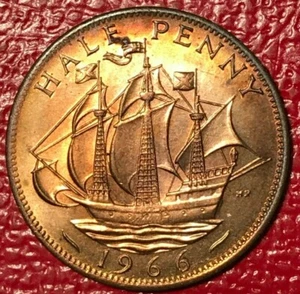 NICE TONING - UNC 1966 GREAT BRITAIN 1/2 HALF PENNY ENGLISH CENT-DEC477 - Picture 1 of 2