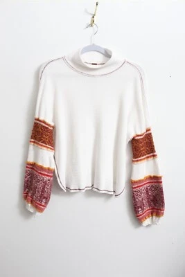 EUC S Free People Woven Wool Mock Neck Thermal Sweater In Ivory and Red - Image 1 of 4