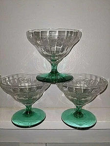 Set of 3 Low Sherbet Etch 390 Green by BRYCE Height: 3 1/4 in Width: 3 5/8 in - Picture 1 of 9