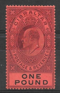 GIBRALTAR SG64 1908 £1 PÚRPURA PROFUNDO Y NEGRO SOBRE ROJO MTD COMO NUEVO. - Imagen 1 de 1