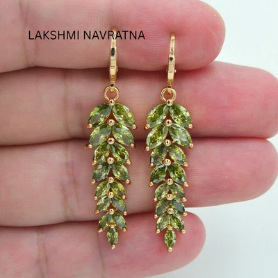 Marquise Cut Peridot Earrings Leaf Drop 14K Yellow Gold Plated 925 Silver - Image 1 of 4