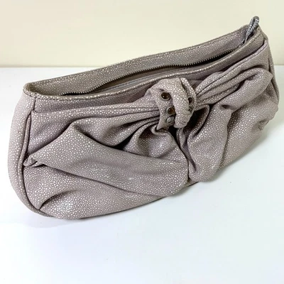 Judith Ripka Clutch Purse Large Bow Textured Leather Warm Gray Taupe Stones - Image 1 of 4