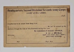 1898 Spanish American War US 2nd Division 7th Army Liberty Pass Cuba UNISSUED  - Bild 1 von 4
