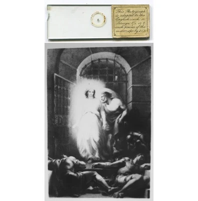 Microfotografía "Deliverance of St Peter" de JC Stovin, diapositiva microscopio años 1860 Foto 1 de 3