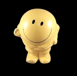 Vintage 1970s Mr. Happy Smiley Face Waving Ceramic Bank Bright Yellow 5 1/4" - Picture 1 of 8