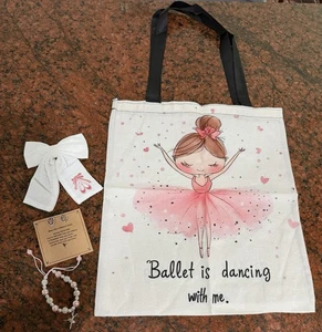 Ballet dance Lot 16” tote Bag Bracelet embroidered hair bow earrings pink New - Picture 1 of 11