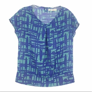 Tulle Blue Printed Short Sleeve Blouse Sz M - Picture 1 of 7