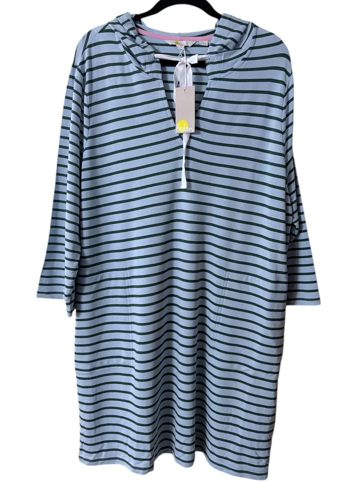 Boden Imelda Hooded Tunic Dress Blue Green Stripe w/ Pockets Size 8 (J0687)