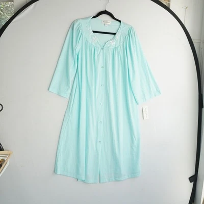 Miss Elaine Classics Aqua Blue Embroidered Long Sleeve Nightgown Robe Size S NWT - Image 1 of 4