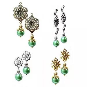 Earrings green pearl drop, style choice, clip on or pierced - Picture 1 of 7