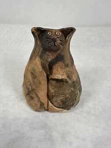 Vintage Kitsch Rustic Primitive Art Pottery Fat Cat Bell Chonk Kitty Amber Eyes - Picture 1 of 6