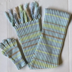Ann Taylor Scarf Gloves Factory Store New NWOT Knit Aqua Blue White Soft Stripes - Picture 1 of 11