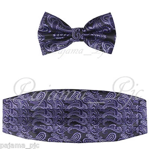 Brand New Paisley Design Purple / Black Men's Cummerbund And Pre-tied Bow tie  - Picture 1 of 1