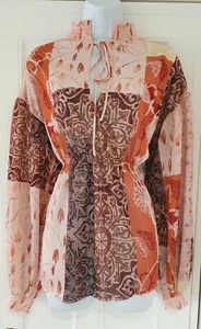 Womens Zara Pink Rust Shirred High Neck Balloon Sleeves Boho Hippy Blouse Top M. - Picture 1 of 9