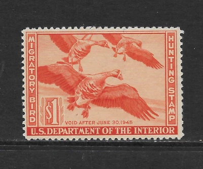 UNITED STATES SCOTT RW11 MNH FINE - 1944 $1 RED ORANGE FEDERAL DUCK STAMP - Image 1 of 2