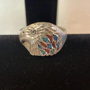 Sterling Silver 925 Inlay Eagle Head Ring Size 12 - Picture 1 of 11