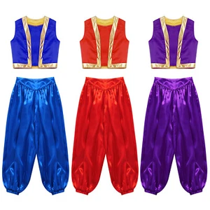 Kids Girls Boys Arabian Costume Cosplay Playwear Holiday 2Pcs Set Gold Trim Fit - Picture 1 of 45