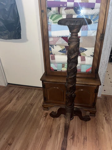 Antique Wood Pedestal Plant Stand 46 inch Tall X 9 Inch Wide Heavily Carved Cover