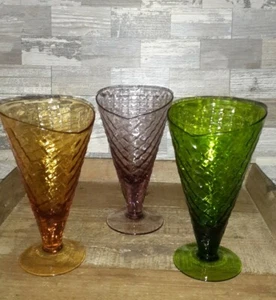 Vintage Waffle Cone Glass Sundae Dessert Cups GREEN, PURPLE, AMBER Excellent  - Picture 1 of 5