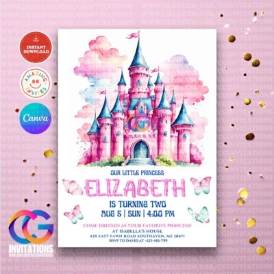 EDITABLE Princess Castle Birthday Party Invitation, Girls Pink Party Invitation - Image 1 of 4