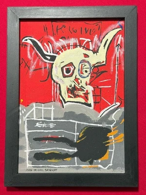 Jean-Michel Basquiat(手工制作)丙烯酸绘画密封在木头上带框 — 第 1/3 张图片