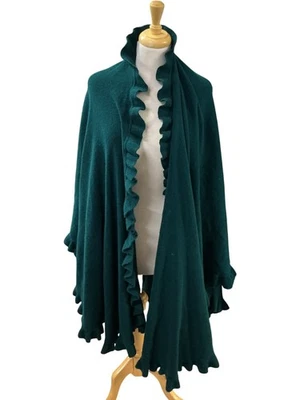 Harrods Lambswool Shawl Wrap Ruffled Edge Green Made in Scotland 2053 - Image 1 of 3
