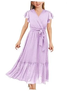 Girls Bohemian Dresses Flying Cap Sleeve V Neck Belt Calf Long Maxi Pleated - Picture 1 of 6