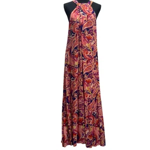 Maxikleid mit weicher Umrandung L Large rosa Paisley Neckholder ärmellos Viskose - Bild 1 von 9