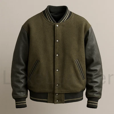 Chaqueta Universitaria De Colección De Gran Tamaño Cuerpo de Lana Verde Musgo Cuero Gris Envejecido Sl Foto 1 de 3