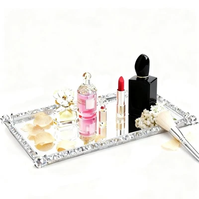 Glass Mirror Vanity Tray,Long Crushed Diamond Filled Crystal Glass Cosmetic M... - Image 1 of 4