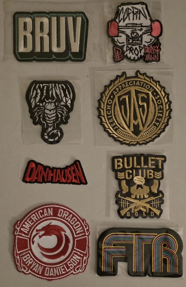 MEGA LOT OF 8 PRO WRESTLING CRATE PATCHES  NEW  AEW  FTR  BULLET CLUB  STING - Image 1 of 1