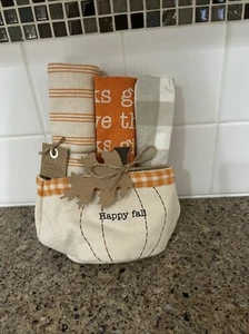 New With Tags Mud Pie "Happy Fall" Decorative 3 Hand/Dish Towels/ Canvas Holder - Picture 1 of 9