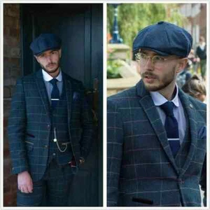 Tuta in tweed a quadretti blu uomo vintage ufficio ballo smoking abito da sposa - Foto 1 di 11