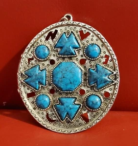 Vintage Southwest Simulated Howlite Oversized Silver Tone Pendant 3" turquoise - Picture 1 of 2